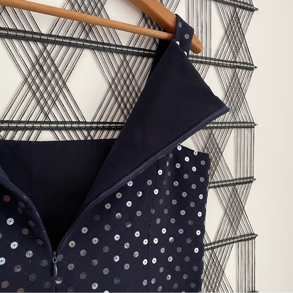 Paule Ka square neck moire navy blue dress clear sequins size 44 hidden zipper - Picture 8 of 15